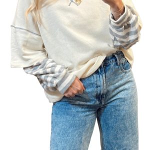 Stylish Beige Striped Patchwork Long Sleeve Round Neck Two-in-One Top for Women - Main View