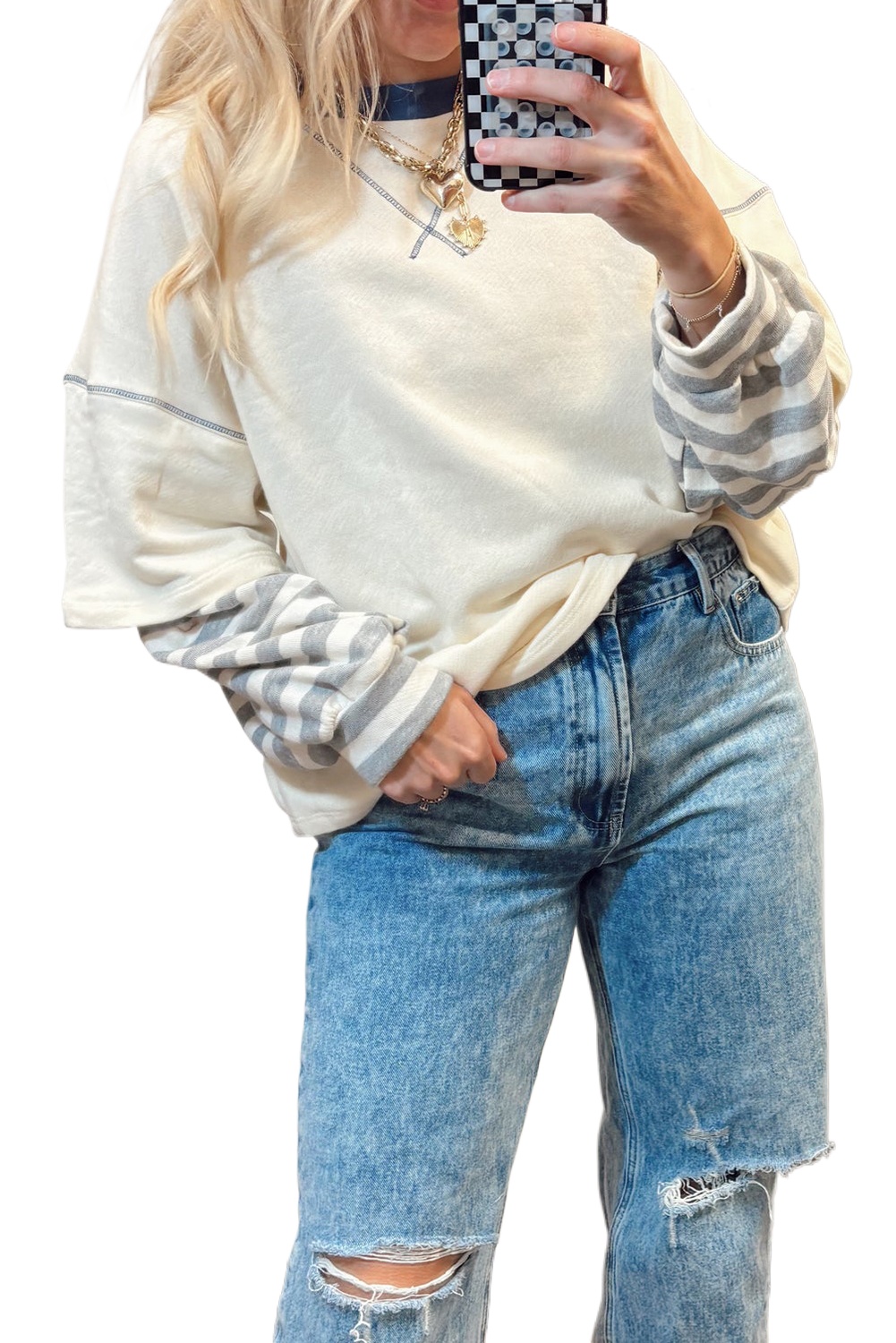 Stylish Beige Striped Patchwork Long Sleeve Round Neck Two-in-One Top for Women - Main View Stylish Beige Striped Patchwork Long Sleeve Round Neck Two-in-One Top for Women - Main View