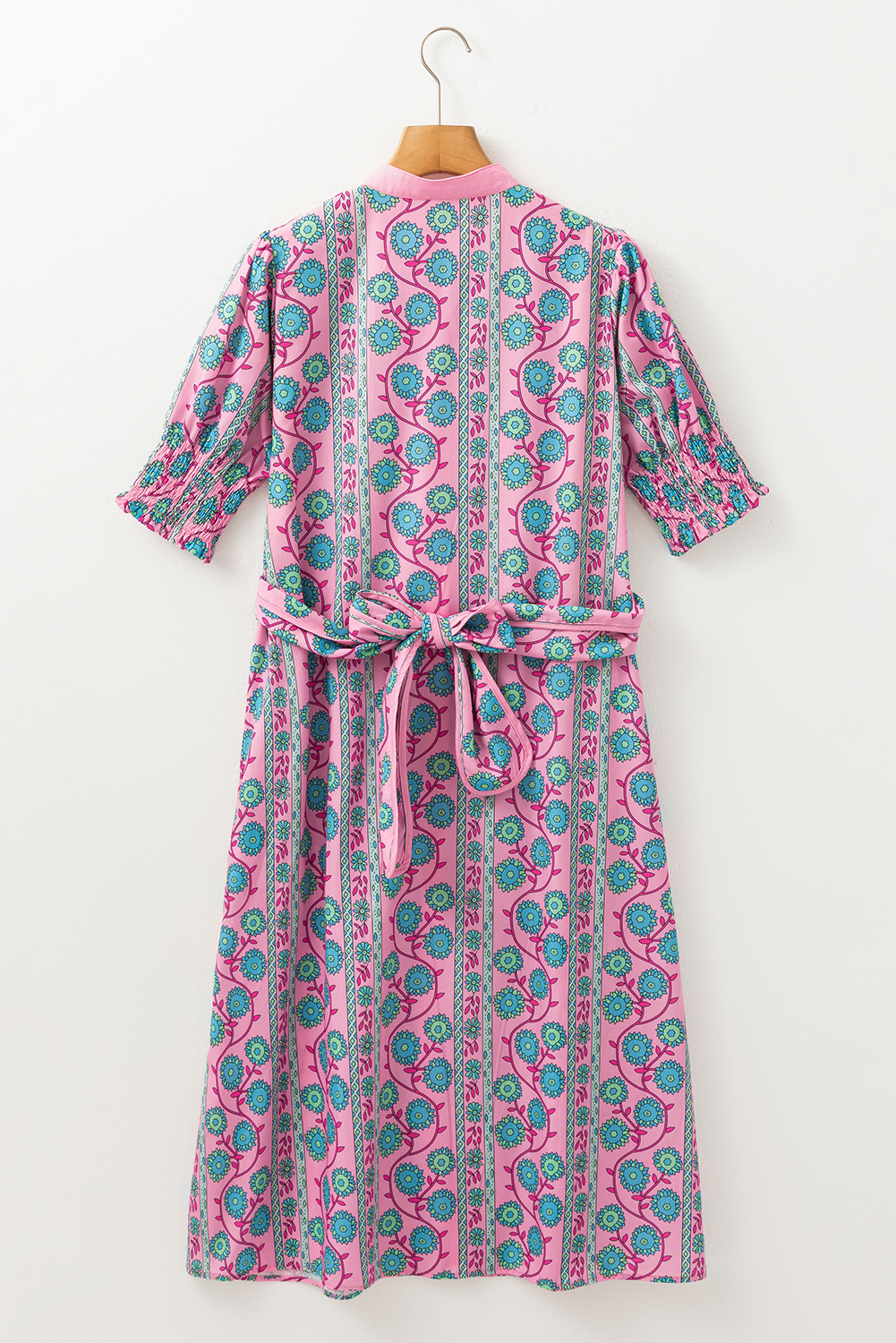 Women's Dress, Pink Floral, Midi Dress, Shirred Puff Sleeves, Button Front, Sash Tie Waist, Bohemian Style, Summer Wear, Comfortable, Lightweight Fabric, A-Line Silhouette, Casual Dress, Daily Wear, Vacation Outfit - Detail View 4 Women's Dress, Pink Floral, Midi Dress, Shirred Puff Sleeves, Button Front, Sash Tie Waist, Bohemian Style, Summer Wear, Comfortable, Lightweight Fabric, A-Line Silhouette, Casual Dress, Daily Wear, Vacation Outfit - Detail View 4