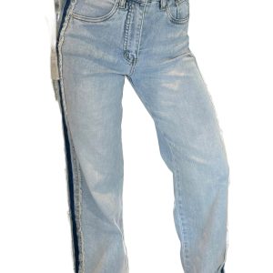 Women's Beau Blue Stripe Patchwork Wide Leg Jeans – Casual Daily Wear - Main View