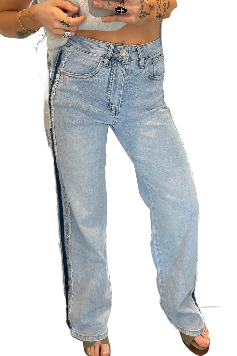 Women's Beau Blue Stripe Patchwork Wide Leg Jeans – Casual Daily Wear - Main View Women's Beau Blue Stripe Patchwork Wide Leg Jeans – Casual Daily Wear - Main View