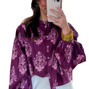 Women's Purple Floral Puff Sleeve Button Down Shirt – Casual - Main View