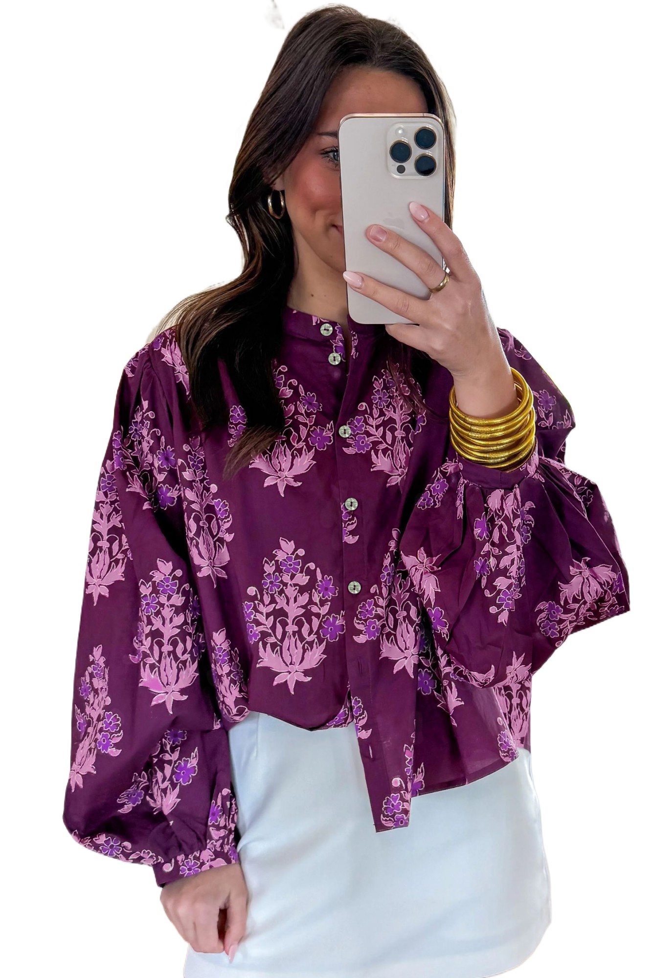 Women's Purple Floral Puff Sleeve Button Down Shirt – Casual - Main View Women's Purple Floral Puff Sleeve Button Down Shirt – Casual - Main View