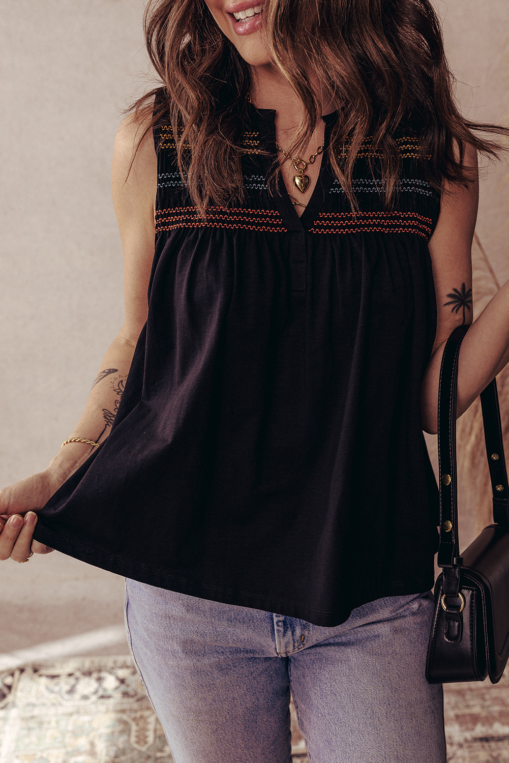 Women's Tank Top, Black, Colorful Detail, Shirred Yoke, Notched V Neck, Sleeveless, Casual Style, Summer Wear, Flowy Fit, Feminine Charm, Daily Wear, Tops, Best Sellers - Detail View 8 Women's Tank Top, Black, Colorful Detail, Shirred Yoke, Notched V Neck, Sleeveless, Casual Style, Summer Wear, Flowy Fit, Feminine Charm, Daily Wear, Tops, Best Sellers - Detail View 8