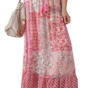 Women's Red Boho Pattern Print High Waist Maxi Dress with Tassel Drawstring - Main View