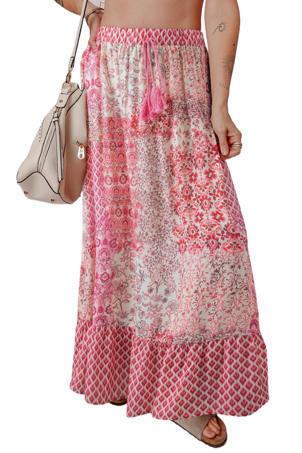 Women's Red Boho Pattern Print High Waist Maxi Dress with Tassel Drawstring - Main View Women's Red Boho Pattern Print High Waist Maxi Dress with Tassel Drawstring - Main View
