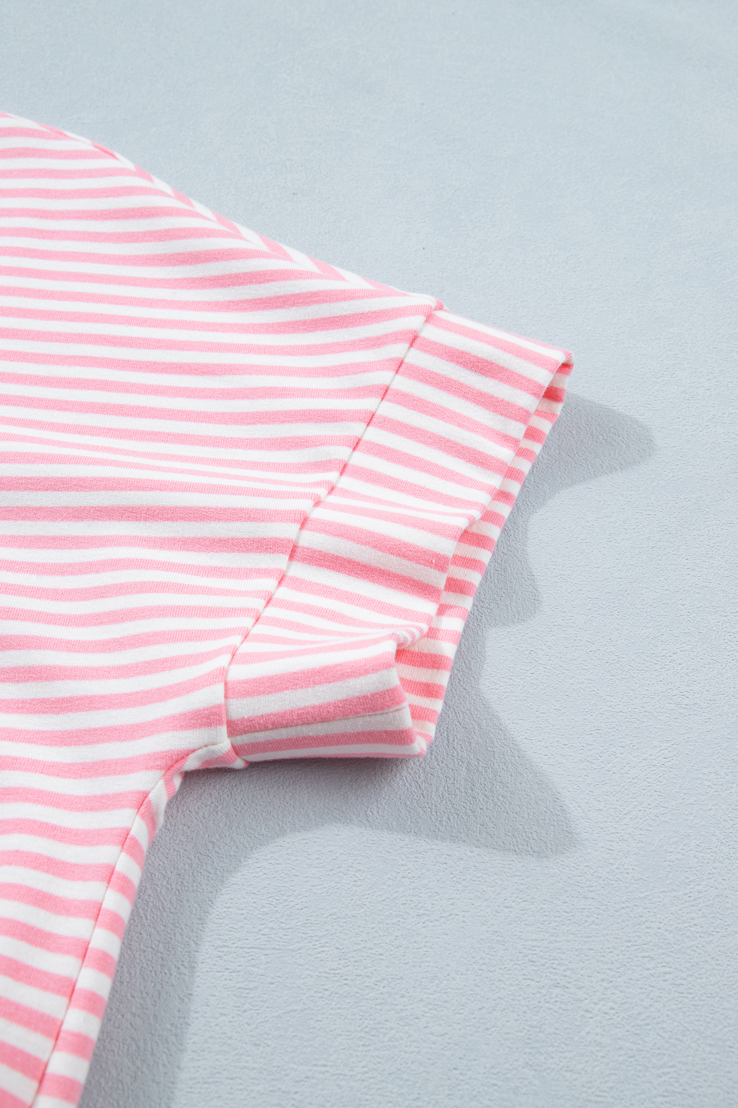 Women's Summer Lounge Set – Pink Striped Mock Neck Tee and Shorts, Comfortable 2-Piece Outfit - Detail View 9 Women's Summer Lounge Set – Pink Striped Mock Neck Tee and Shorts, Comfortable 2-Piece Outfit - Detail View 9