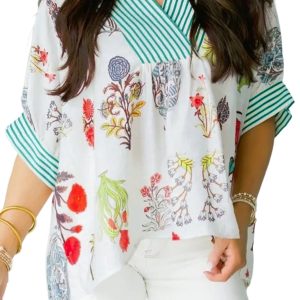 Women's Floral V-Neck Blouse – Striped Trim Half Sleeve Top - Main View