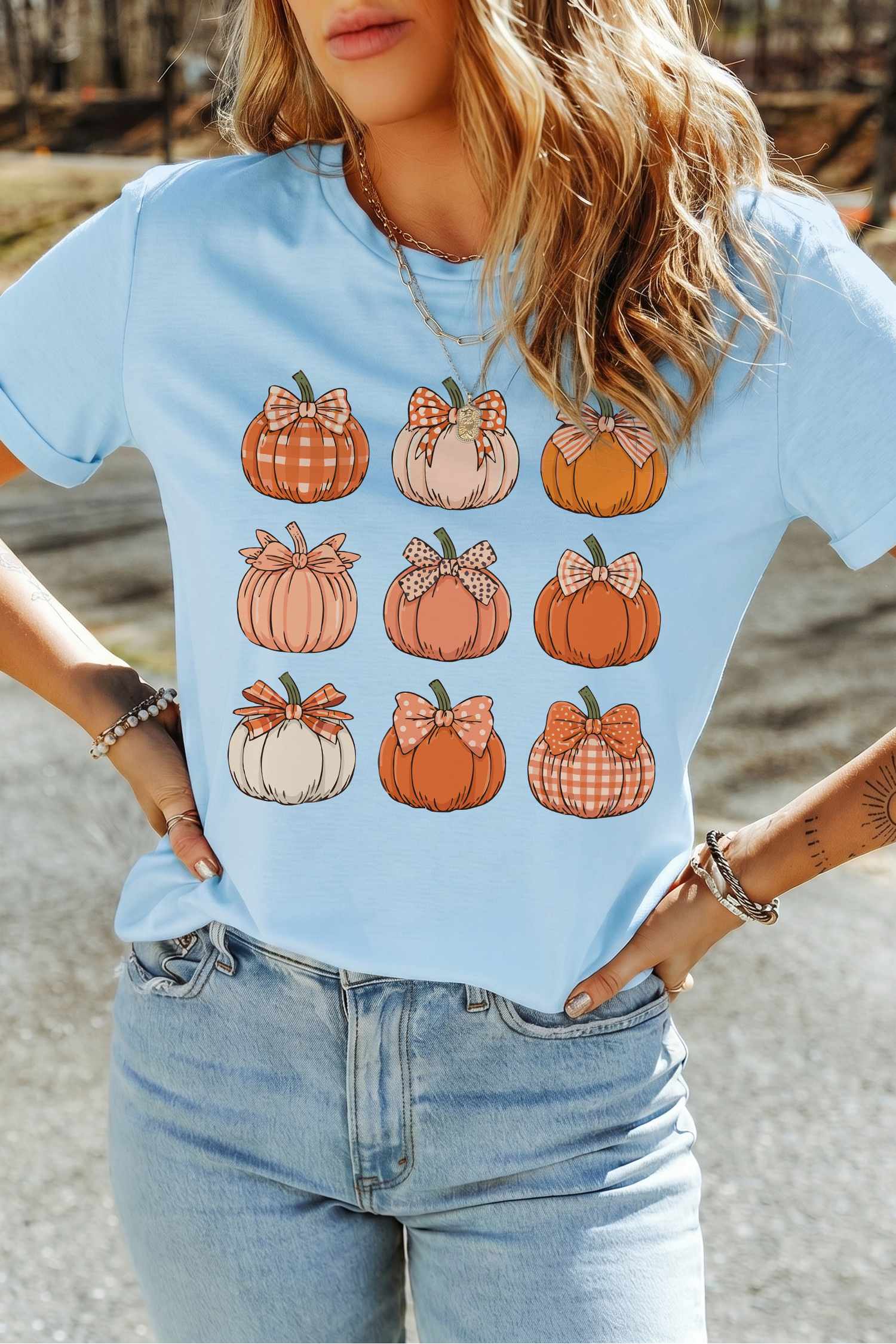 Fall Pumpkin Print Tee, Short Sleeve Round Neck Graphic - Detail View 11 Fall Pumpkin Print Tee, Short Sleeve Round Neck Graphic - Detail View 11