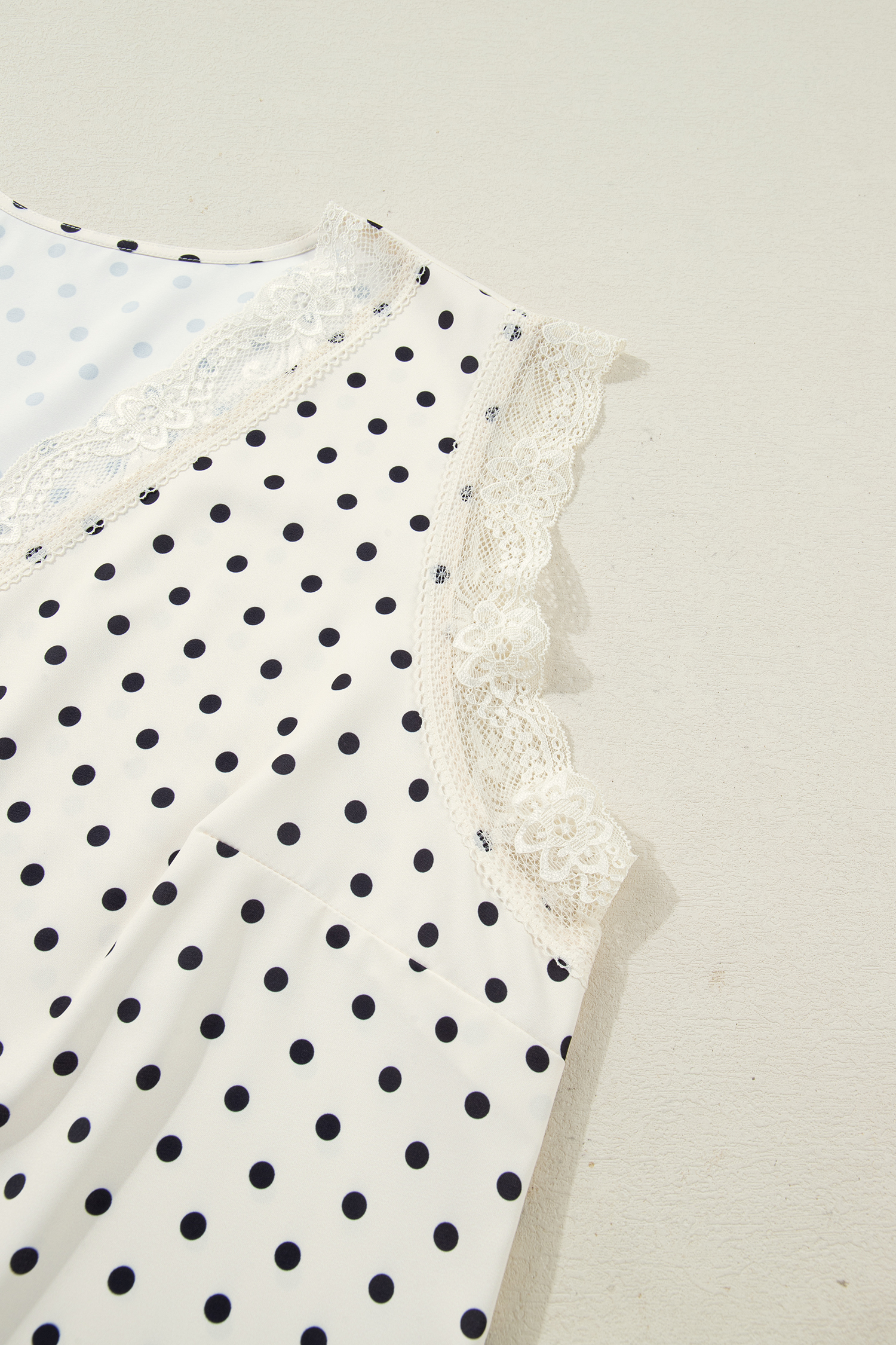 Women's Apricot Polka Dot V Neck Sleeveless Top – Casual Summer Style with Lace Trim - Detail View 7 Women's Apricot Polka Dot V Neck Sleeveless Top – Casual Summer Style with Lace Trim - Detail View 7