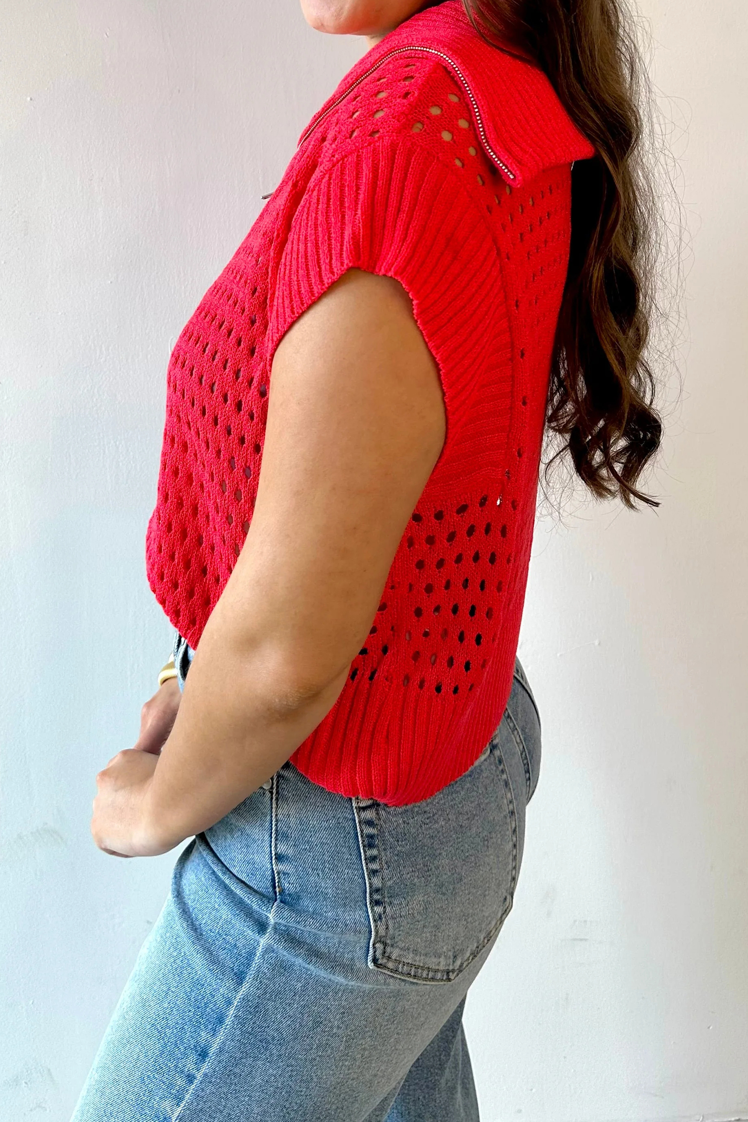 Women's Hollow Out Sweater, Red Zipper Collar Knit Top - Detail View 5 Women's Hollow Out Sweater, Red Zipper Collar Knit Top - Detail View 5