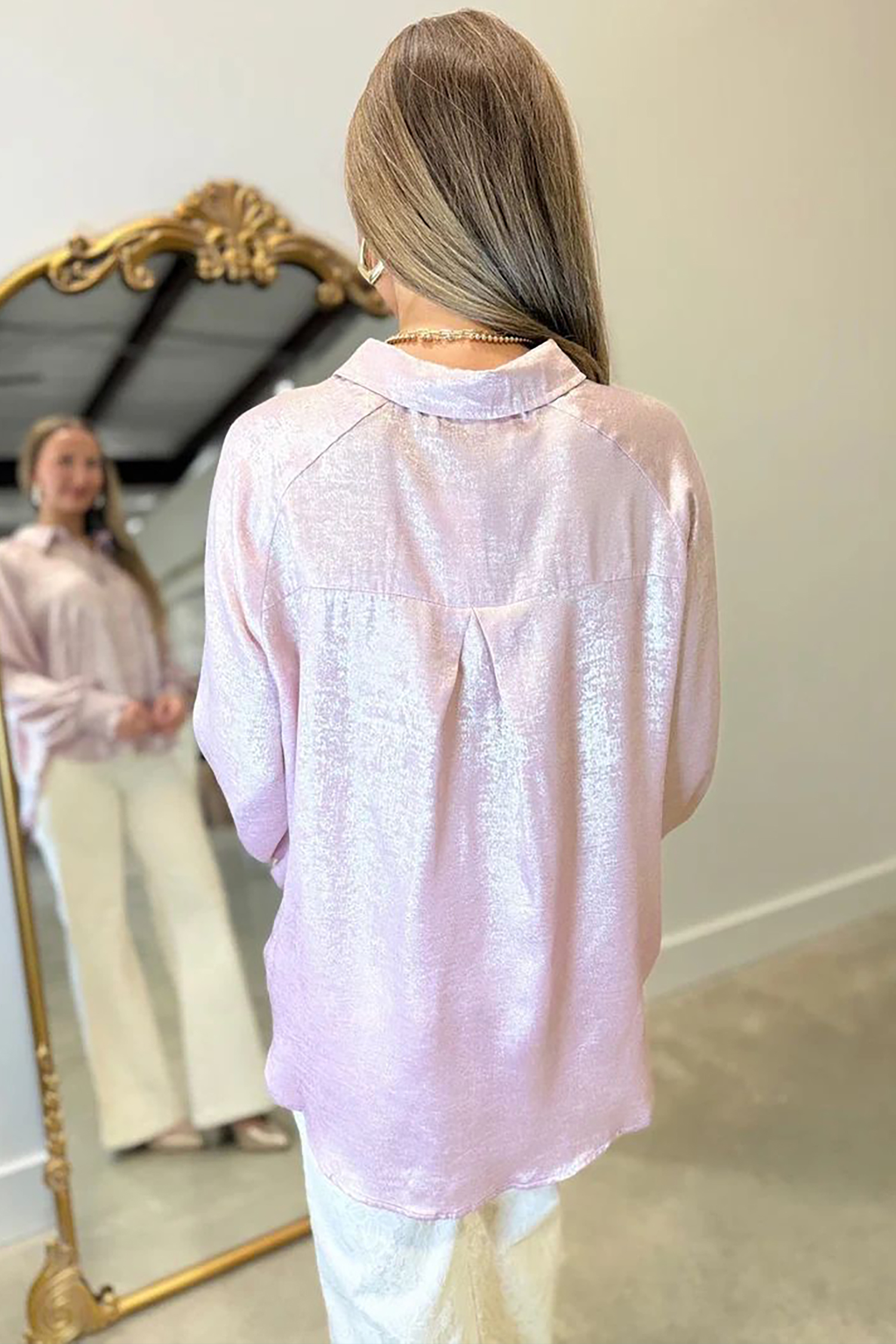 Metallic Ruffle Cuff Blouse, Women's Fall Office Button Shirt - Detail View 5 Metallic Ruffle Cuff Blouse, Women's Fall Office Button Shirt - Detail View 5