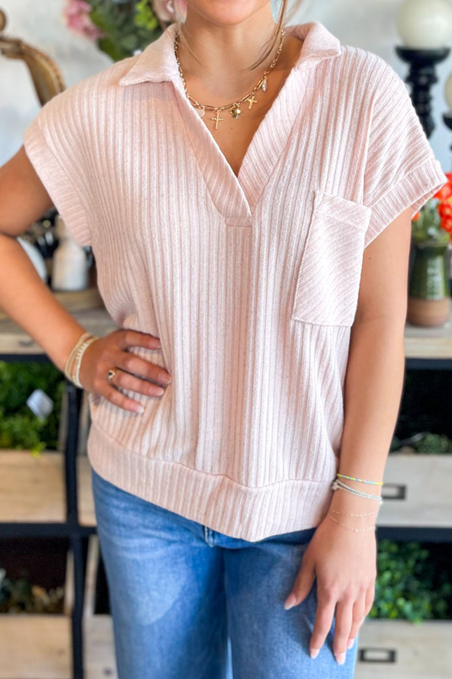 Casual Light Pink Ribbed V Neck T-Shirt for Women – Perfect for Everyday Outfits - Detail View 3 Casual Light Pink Ribbed V Neck T-Shirt for Women – Perfect for Everyday Outfits - Detail View 3