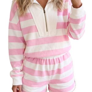 Women's Striped 2 Piece Set, Casual Zipper Pullover Shorts - Main View