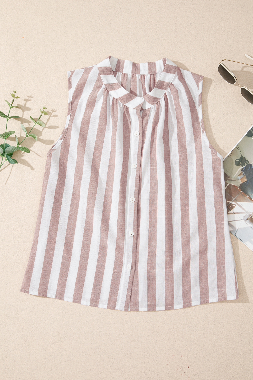 Women's Shirt, Khaki Stripe, Sleeveless, Button Down, Casual, Summer Wardrobe, Lightweight, Breezy Comfort, Versatile Top, Easy to Layer, Daily Wear, Blouses & Shirts - Detail View 4 Women's Shirt, Khaki Stripe, Sleeveless, Button Down, Casual, Summer Wardrobe, Lightweight, Breezy Comfort, Versatile Top, Easy to Layer, Daily Wear, Blouses & Shirts - Detail View 4