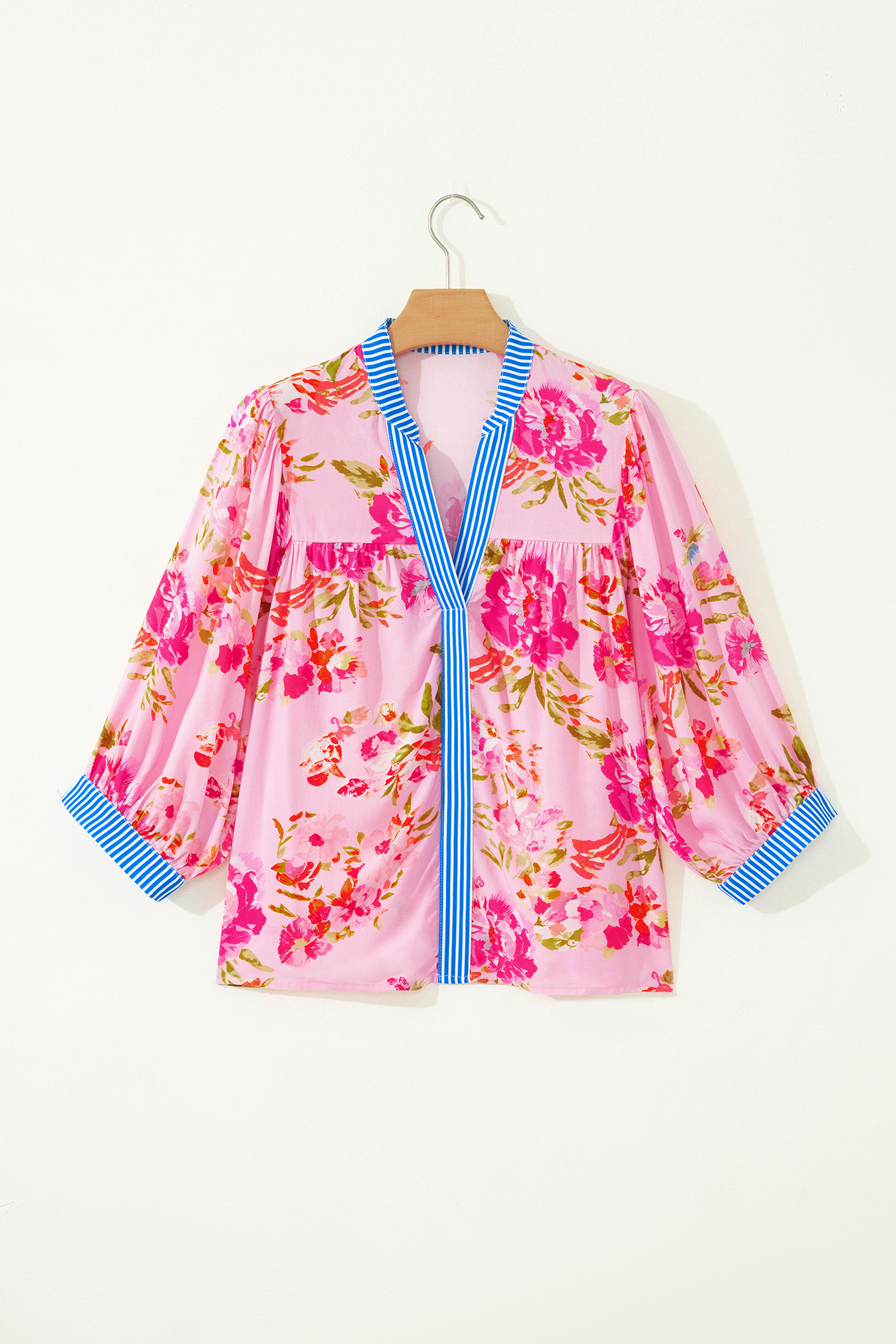 Chic Patchwork Floral Blouse for Women – Striped Trim V Neck Top, Thoughtful Gift for Her - Detail View 3 Chic Patchwork Floral Blouse for Women – Striped Trim V Neck Top, Thoughtful Gift for Her - Detail View 3