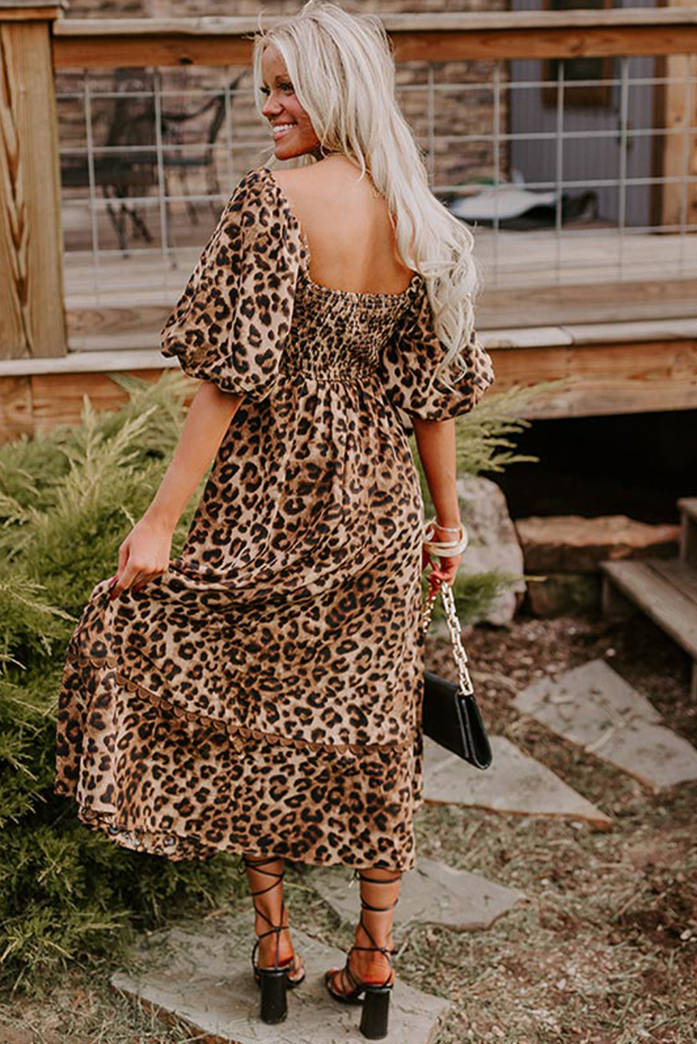 Trendy Brown Leopard Maxi Dress with Square Neck and Puff Sleeves - Detail View 2 Trendy Brown Leopard Maxi Dress with Square Neck and Puff Sleeves - Detail View 2