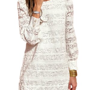 Women's White Lace Crochet Round Neck Puff Sleeve Shift Mini Dress - Elegant Casual Wear - Main View