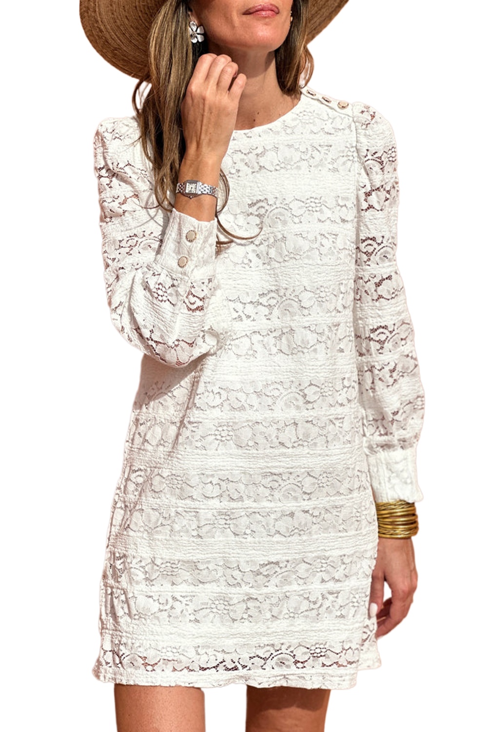 Women's White Lace Crochet Round Neck Puff Sleeve Shift Mini Dress - Elegant Casual Wear - Main View Women's White Lace Crochet Round Neck Puff Sleeve Shift Mini Dress - Elegant Casual Wear - Main View
