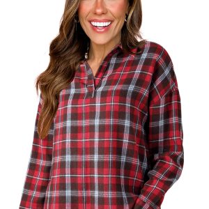Casual Red Plaid Print Collared V Neck Blouse with Side Slits for Women - Main View