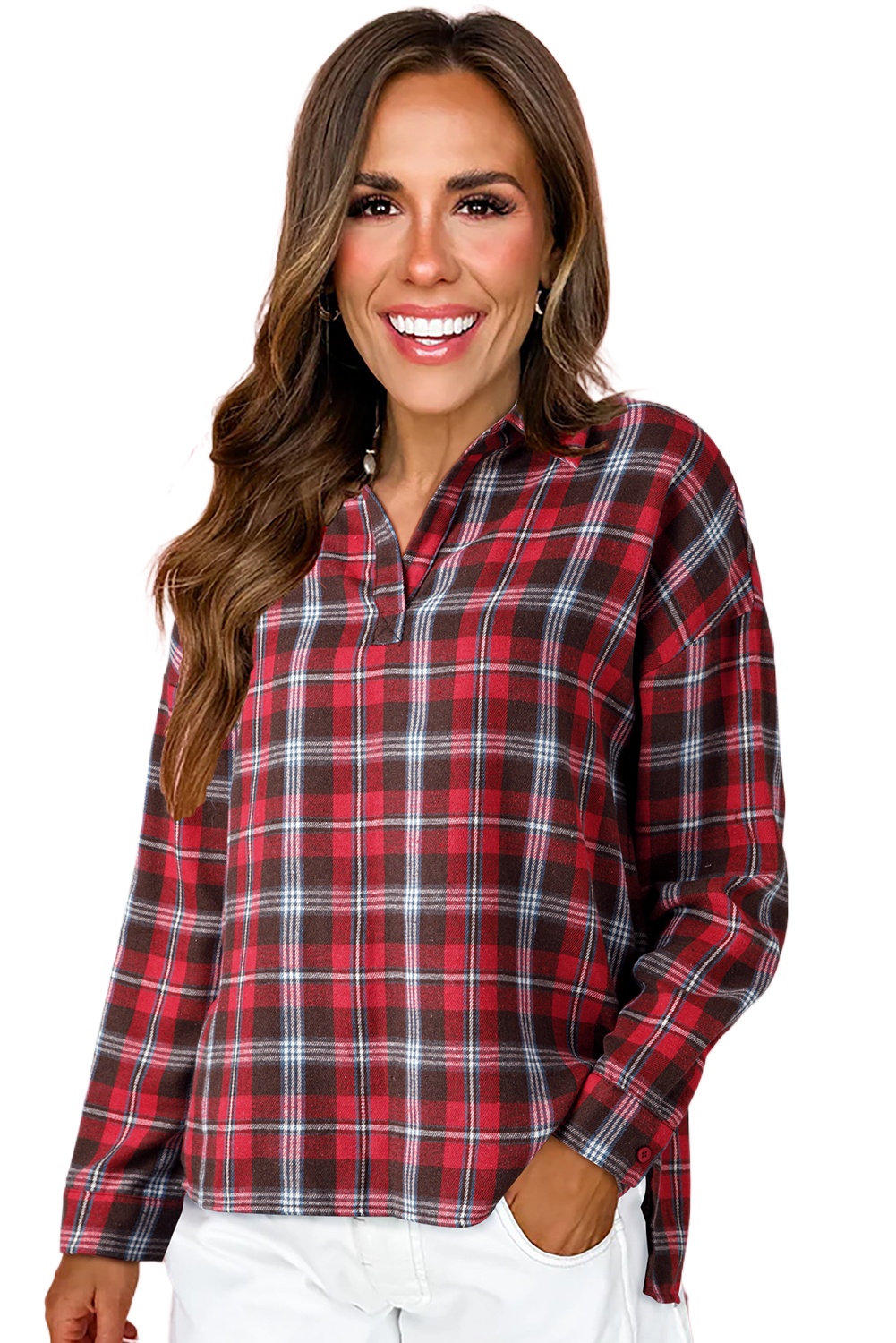 Casual Red Plaid Print Collared V Neck Blouse with Side Slits for Women - Main View Casual Red Plaid Print Collared V Neck Blouse with Side Slits for Women - Main View