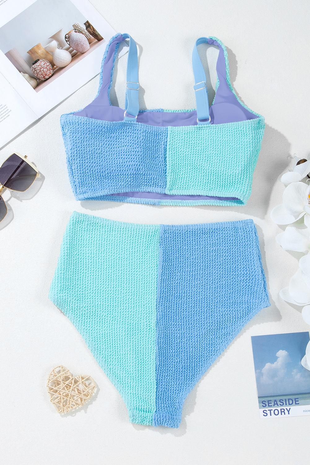 Vintage Sky Blue Corded Bikini Swimsuit – Women's Colorblock Square Neck for Vacations - Detail View 23 Vintage Sky Blue Corded Bikini Swimsuit – Women's Colorblock Square Neck for Vacations - Detail View 23