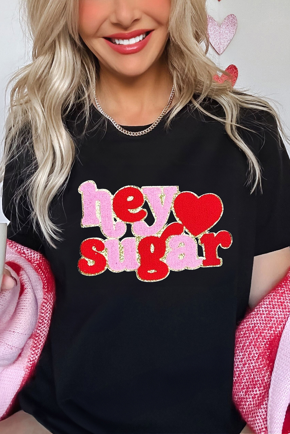 Cute Valentine's Day Graphic T-Shirt with Relaxed Fit and Adorable 'Hey Sugar' Design - Detail View 3 Cute Valentine's Day Graphic T-Shirt with Relaxed Fit and Adorable 'Hey Sugar' Design - Detail View 3