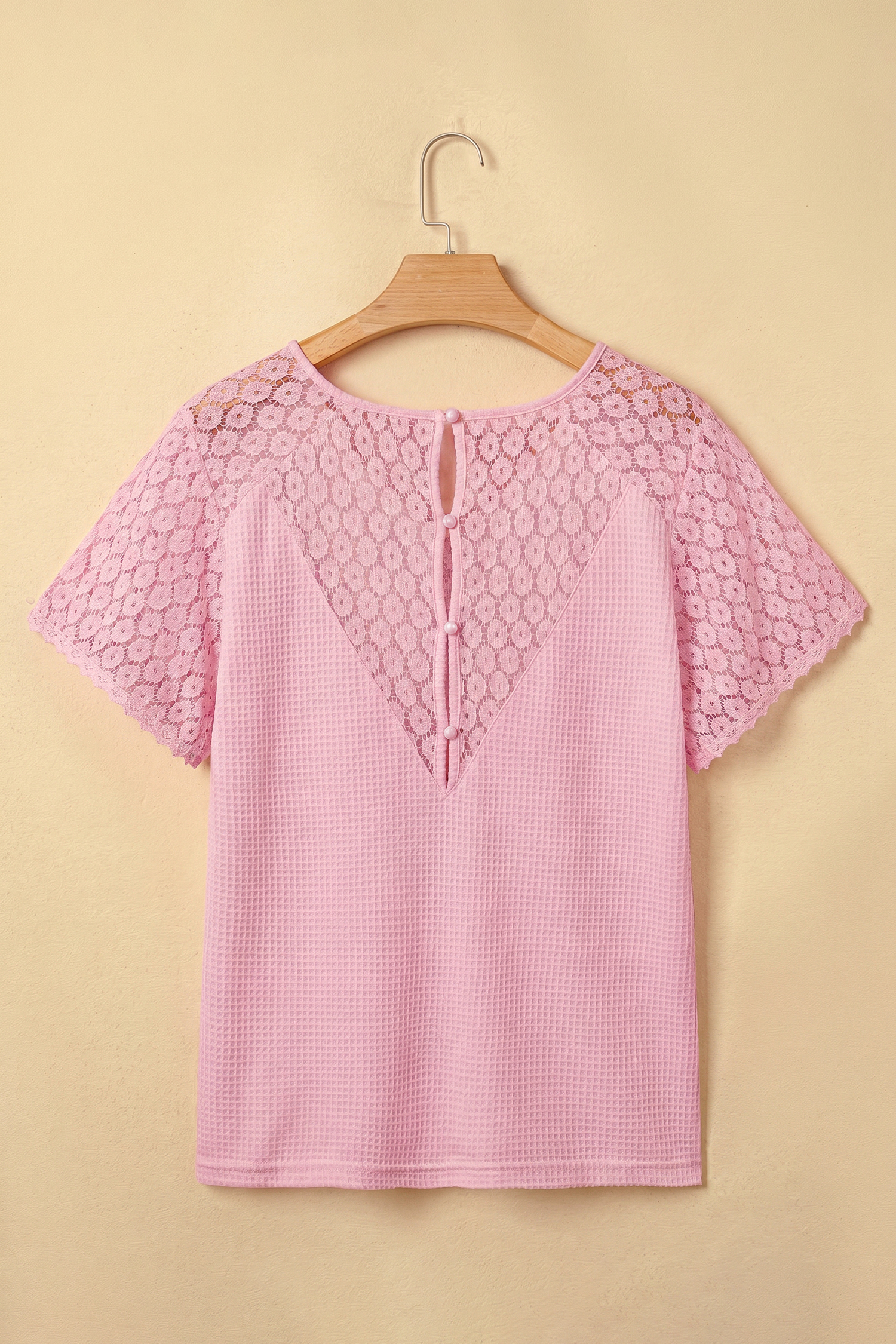 Women's Button Back Waffle Knit Blouse – Lace Detail Top - Detail View 6 Women's Button Back Waffle Knit Blouse – Lace Detail Top - Detail View 6