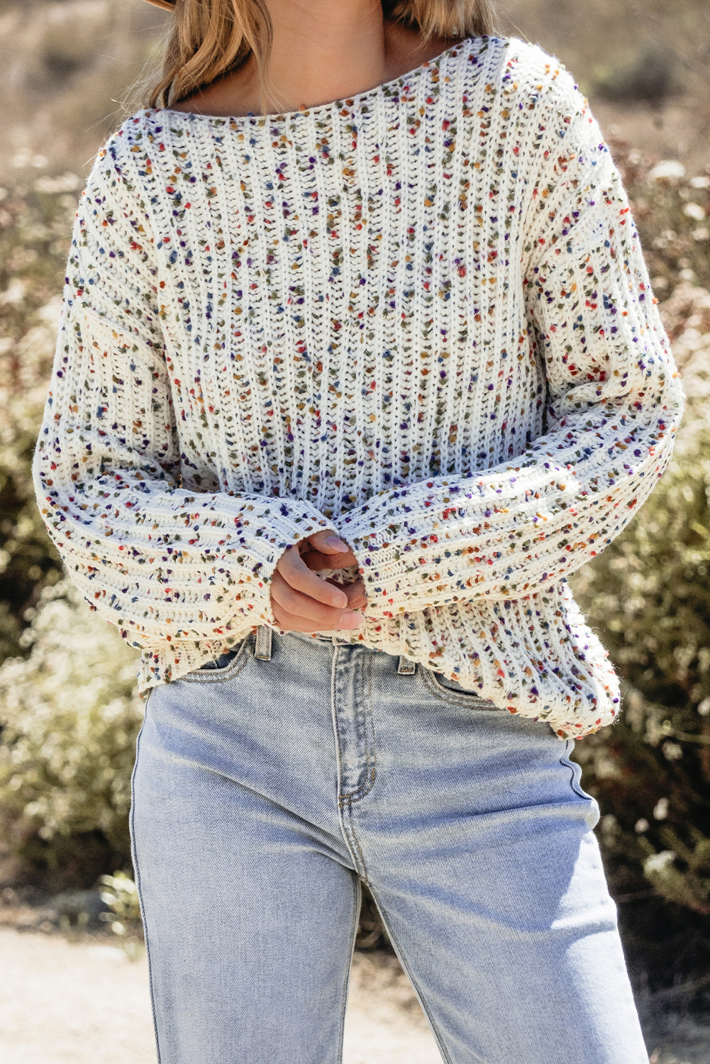 Women's White Confetti Reversible Twist Sweater - Versatile and Stylish - Detail View 9 Women's White Confetti Reversible Twist Sweater - Versatile and Stylish - Detail View 9