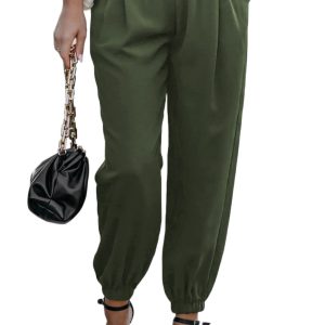 Women's Green Smocked Waist Joggers – Casual Drawstring Trousers with Cigarette Hem for Daily Wear - Main View