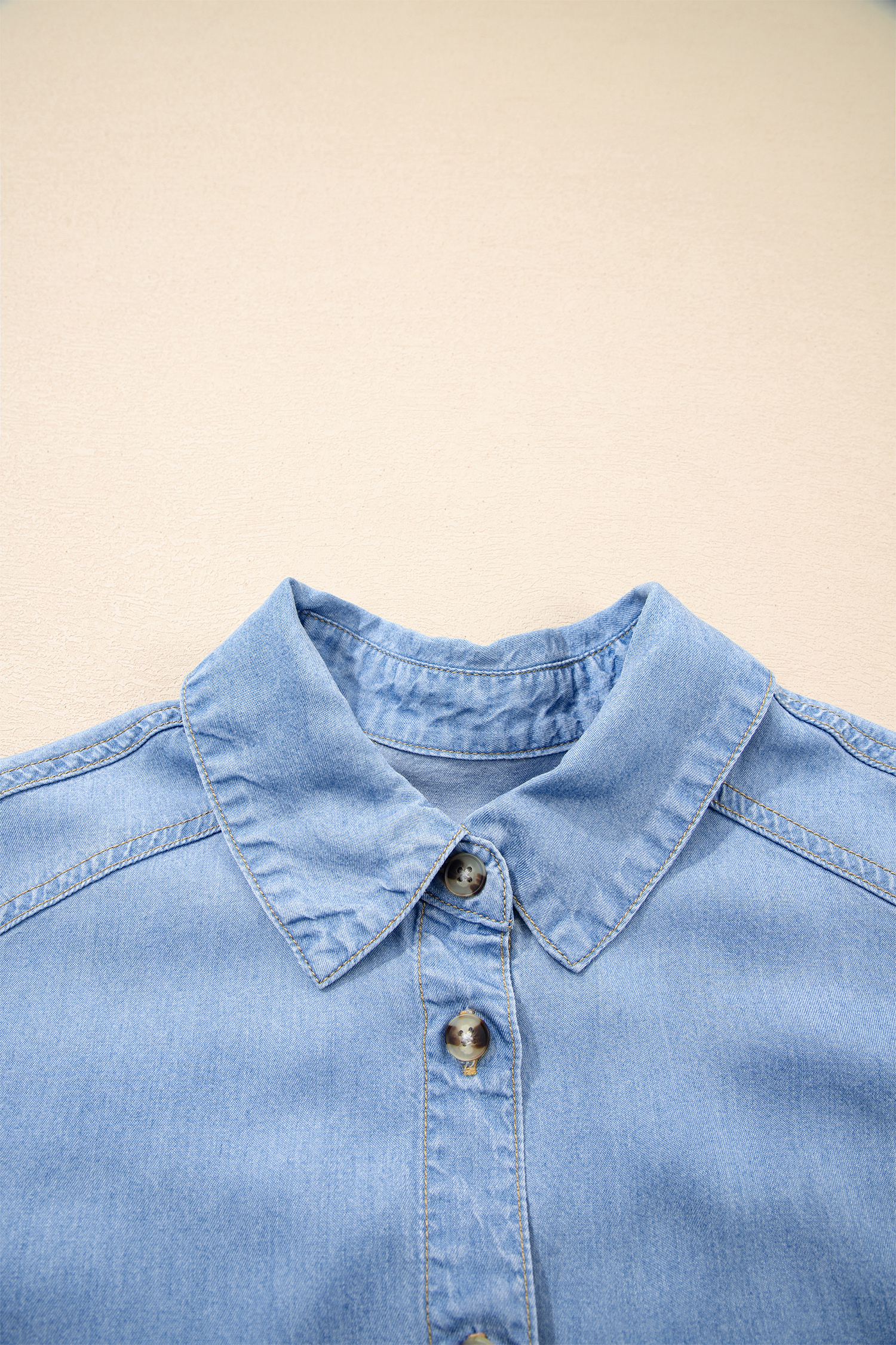 Casual Women's Beau Blue High Low Chambray Shirt with Ruffles – Perfect for Everyday Style - Detail View 6 Casual Women's Beau Blue High Low Chambray Shirt with Ruffles – Perfect for Everyday Style - Detail View 6