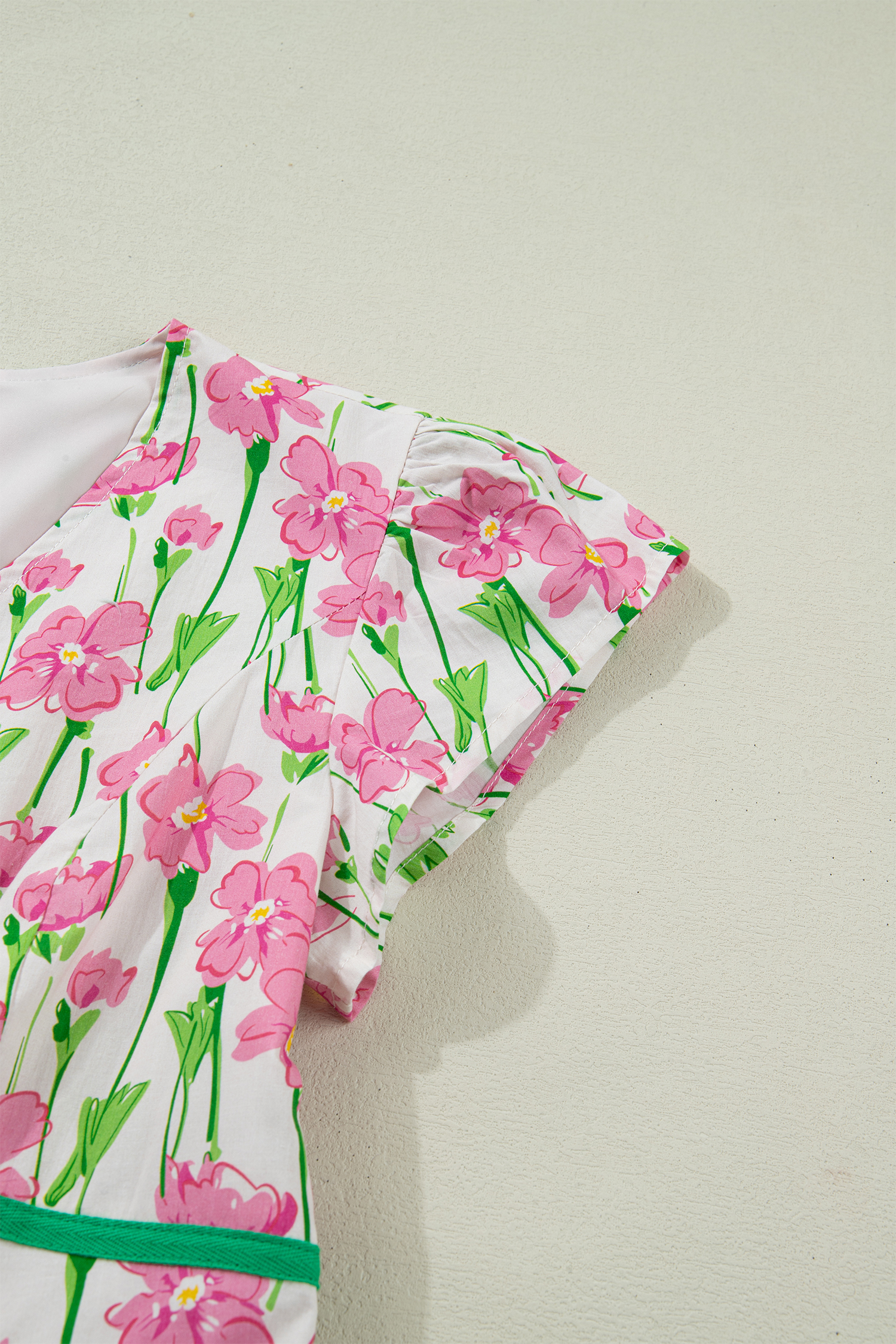 Chic Pink Floral Contrast Trim Midi Dress for Women – Short Sleeve, A-Line Silhouette for Vacation Outings - Detail View 8 Chic Pink Floral Contrast Trim Midi Dress for Women – Short Sleeve, A-Line Silhouette for Vacation Outings - Detail View 8
