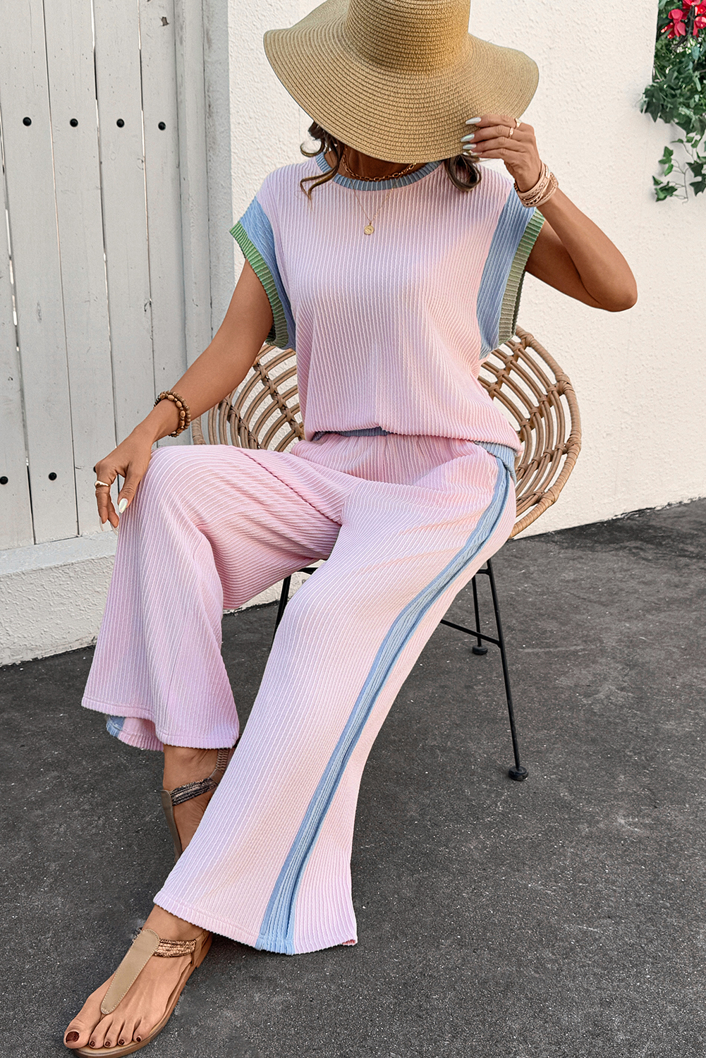 Trendy Casual Summer Outfit: Pink Colorblock Top with Wide Cap Sleeves and Comfortable Loose Pants - Detail View 6 Trendy Casual Summer Outfit: Pink Colorblock Top with Wide Cap Sleeves and Comfortable Loose Pants - Detail View 6