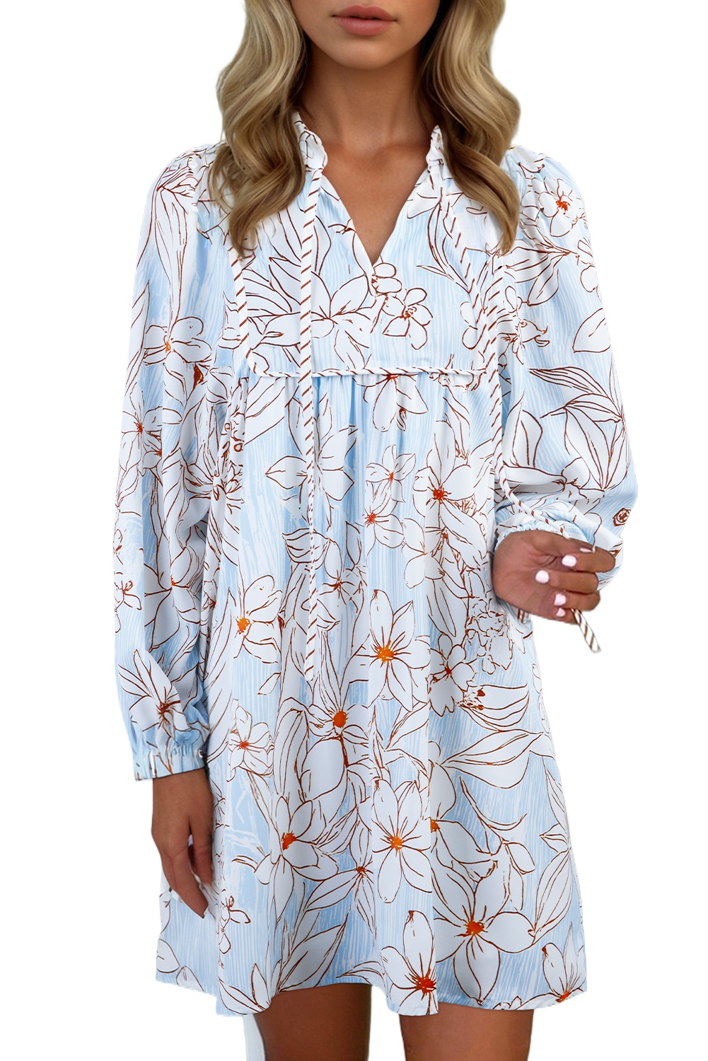 Women's Brown Floral Print Mini Dress – Casual Tie Neck Style for Daily Wear - Main View Women's Brown Floral Print Mini Dress – Casual Tie Neck Style for Daily Wear - Main View