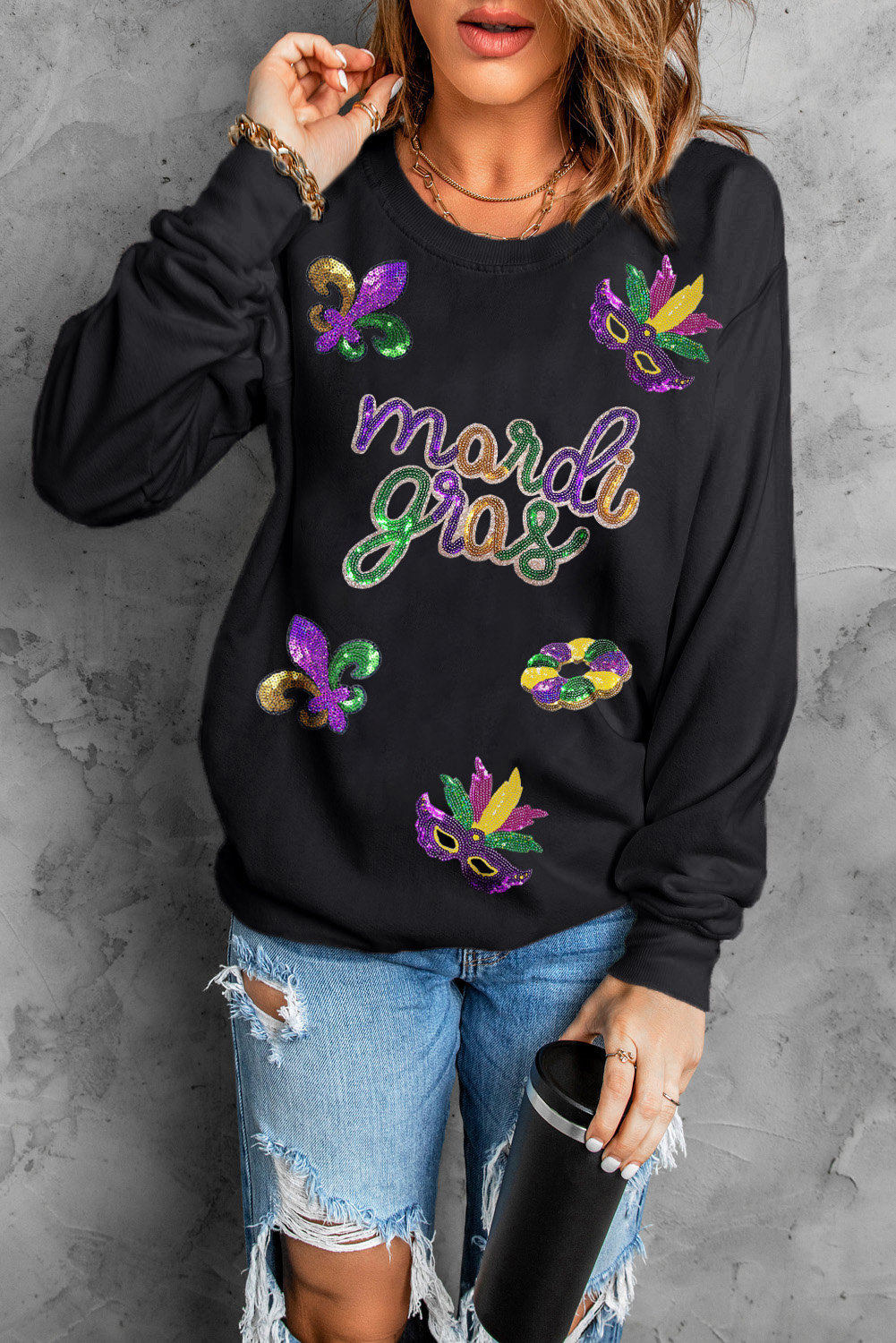 Casual Long Sleeve Graphic Sweatshirt - Sequin Detail for Festive Seasons - Detail View 3 Casual Long Sleeve Graphic Sweatshirt - Sequin Detail for Festive Seasons - Detail View 3