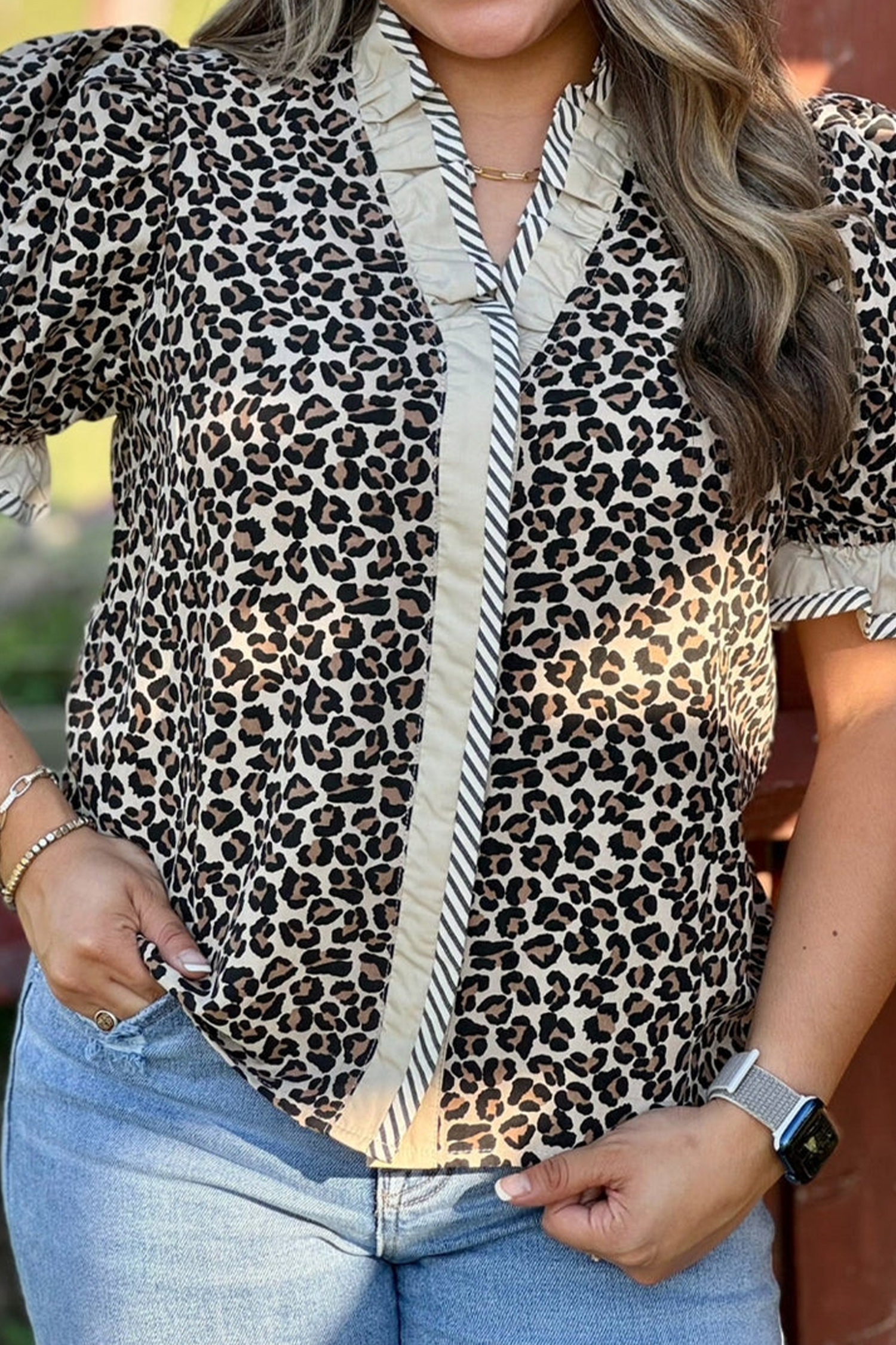 Stylish Women's Leopard Print Shift Blouse – Frilled V Neck Short Sleeve Shirt, Trendy Fashion Gift for Her - Detail View 3 Stylish Women's Leopard Print Shift Blouse – Frilled V Neck Short Sleeve Shirt, Trendy Fashion Gift for Her - Detail View 3