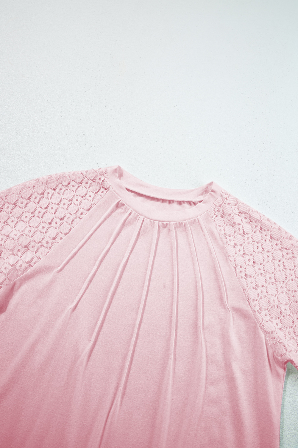 Women's Pink Contrast Lace Raglan Sleeve Tee – Stylish Casual Top for Summer Days - Detail View 10 Women's Pink Contrast Lace Raglan Sleeve Tee – Stylish Casual Top for Summer Days - Detail View 10