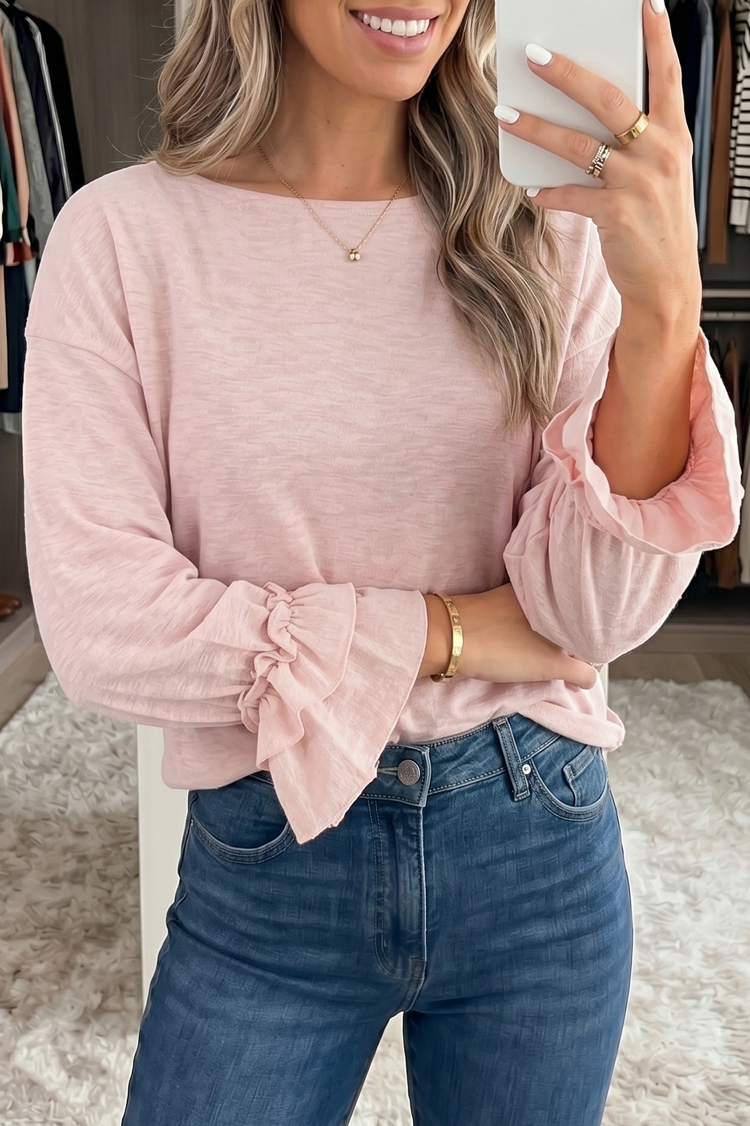 Elegant Women's Long Sleeve Top – Pink Ruffle Cuff Gift Idea - Detail View 5 Elegant Women's Long Sleeve Top – Pink Ruffle Cuff Gift Idea - Detail View 5