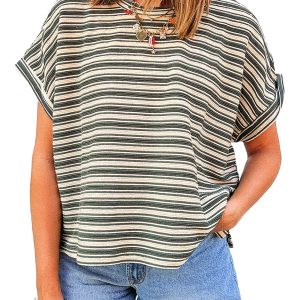 Women's Green Stripe Textured Crew Neck T-Shirt with Side Slits - Main View
