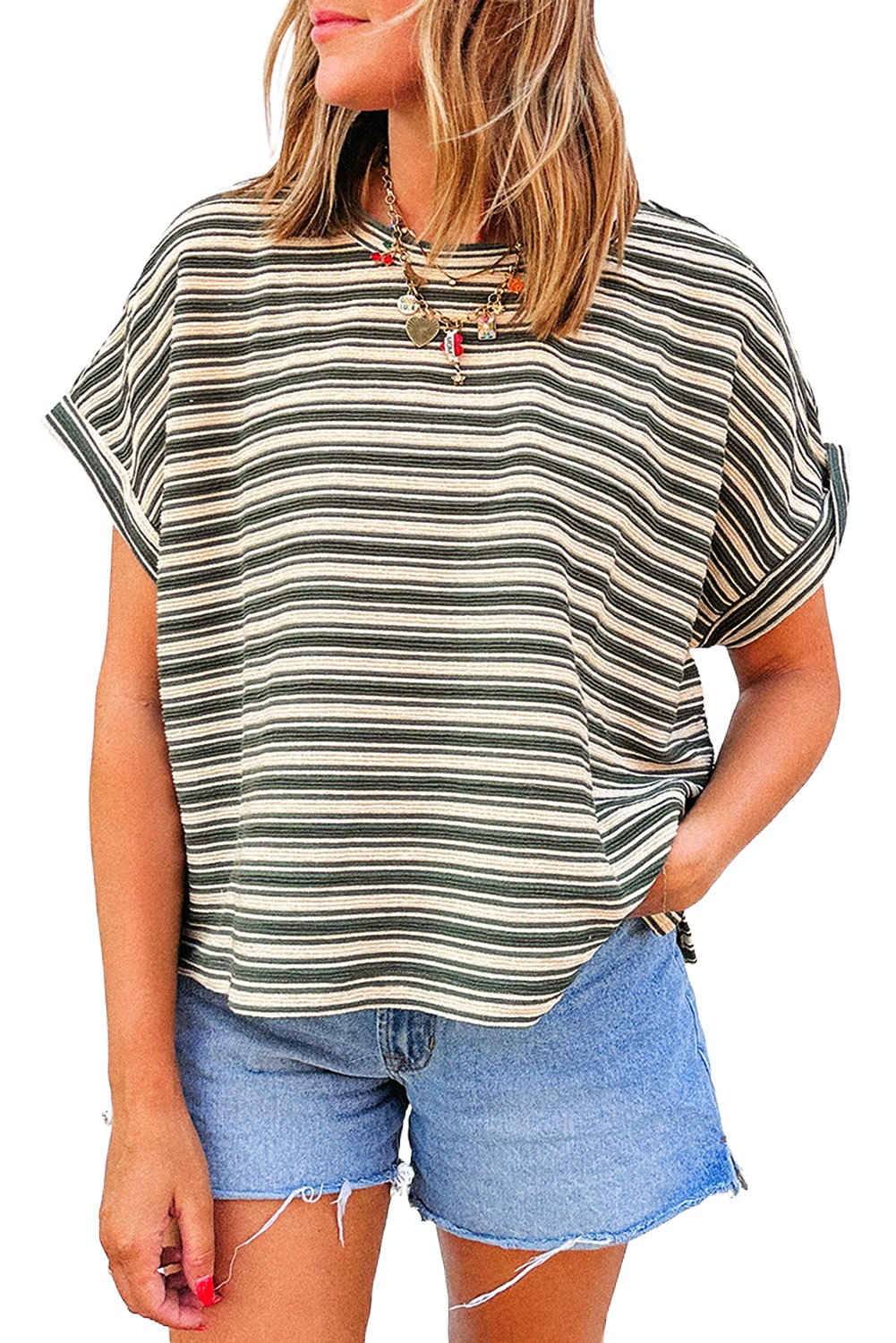 Women's Green Stripe Textured Crew Neck T-Shirt with Side Slits - Main View Women's Green Stripe Textured Crew Neck T-Shirt with Side Slits - Main View