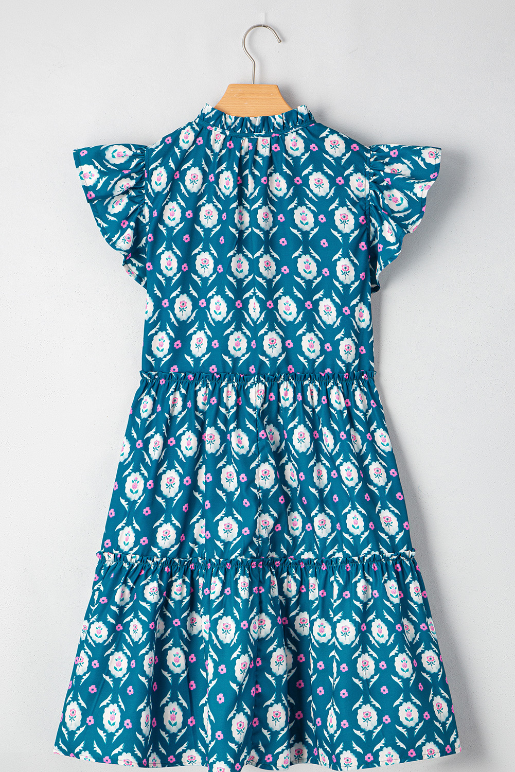 Women's Dress, Blue Dress, Retro Floral Print, Short Sleeve, Ruffle Sleeve, Split Neck, A-Line Silhouette, Summer Fashion, Casual Wear, Vintage Style, Playful Design, Polyester Dress, Daily Wear, Bohemian Style - Detail View 16 Women's Dress, Blue Dress, Retro Floral Print, Short Sleeve, Ruffle Sleeve, Split Neck, A-Line Silhouette, Summer Fashion, Casual Wear, Vintage Style, Playful Design, Polyester Dress, Daily Wear, Bohemian Style - Detail View 16