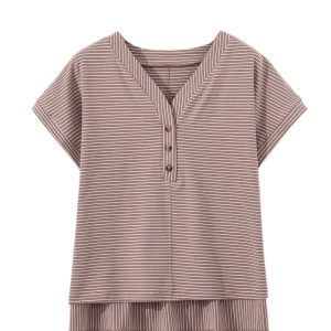 Women's Khaki Stripe V Neck T-Shirt – Casual High Low Tee with Side Slit for Daily Wear - Main View