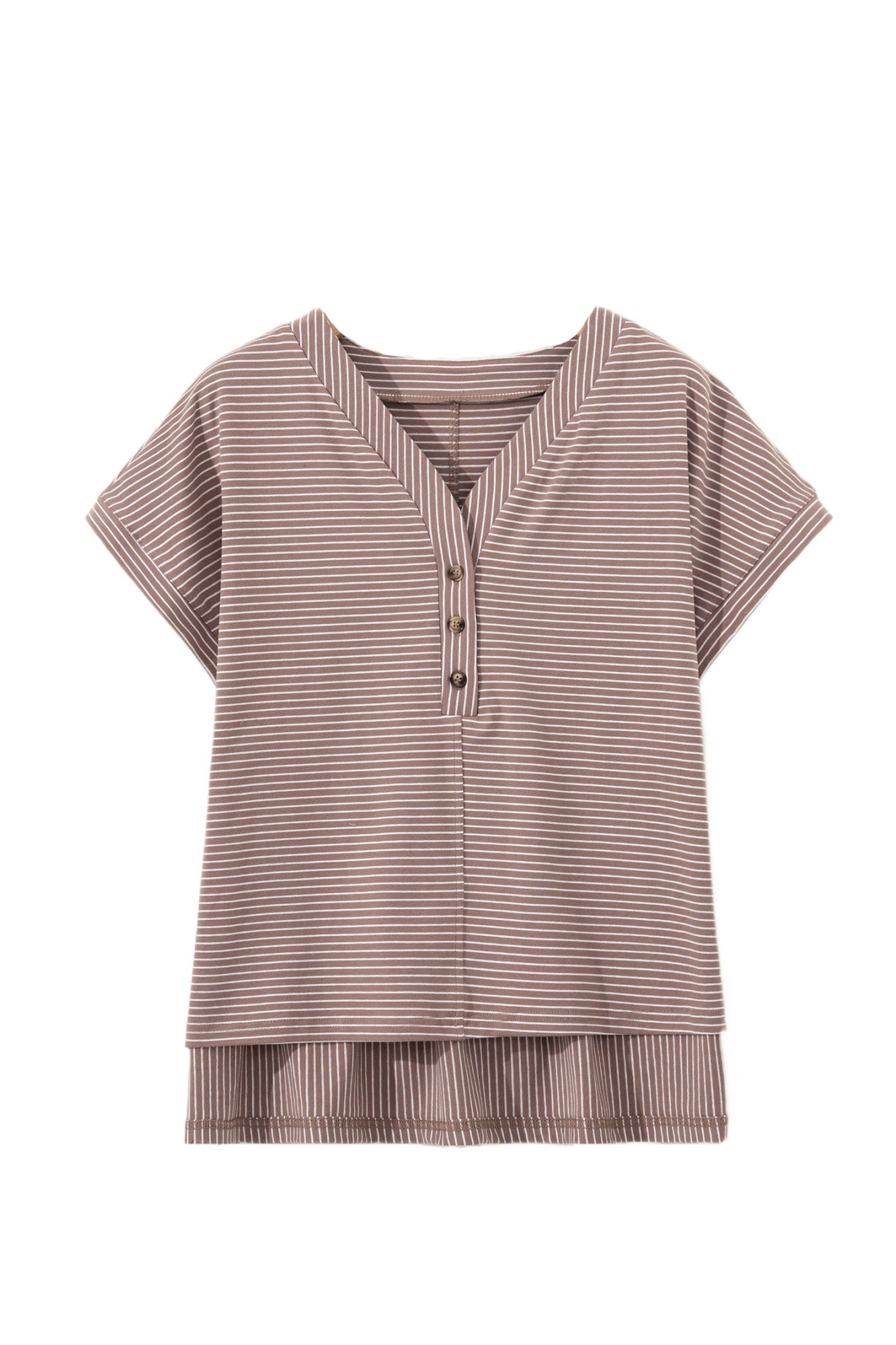 Women's Khaki Stripe V Neck T-Shirt – Casual High Low Tee with Side Slit for Daily Wear - Main View Women's Khaki Stripe V Neck T-Shirt – Casual High Low Tee with Side Slit for Daily Wear - Main View