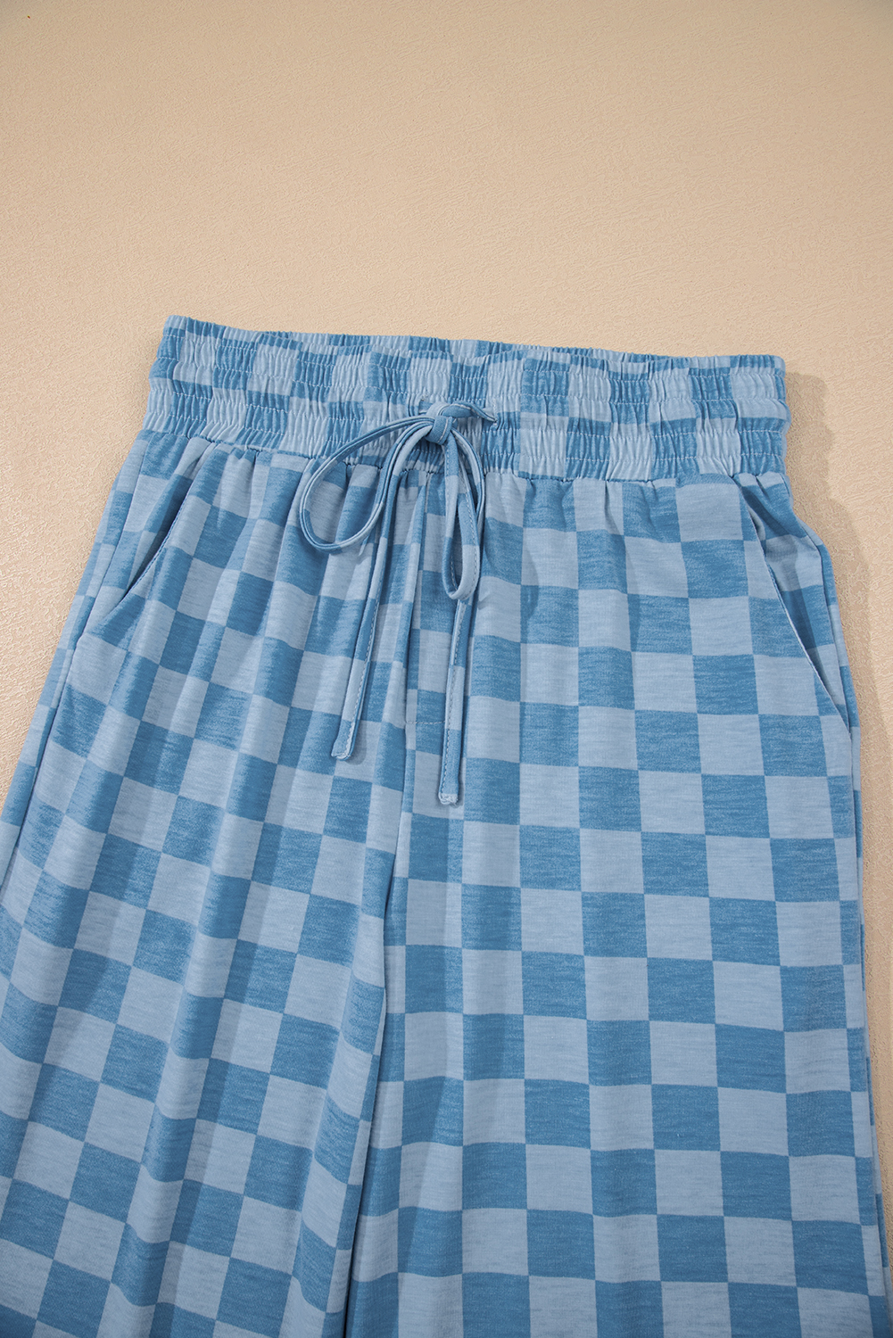 Women's Sky Blue Checkered Pants, Casual Elastic Wide Leg - Detail View 13 Women's Sky Blue Checkered Pants, Casual Elastic Wide Leg - Detail View 13