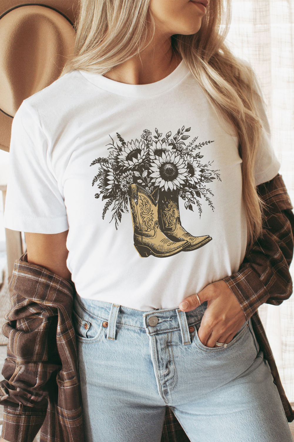 Stylish Round Neck White Tee Featuring Monochromatic Flower and Boot Print - Detail View 3 Stylish Round Neck White Tee Featuring Monochromatic Flower and Boot Print - Detail View 3