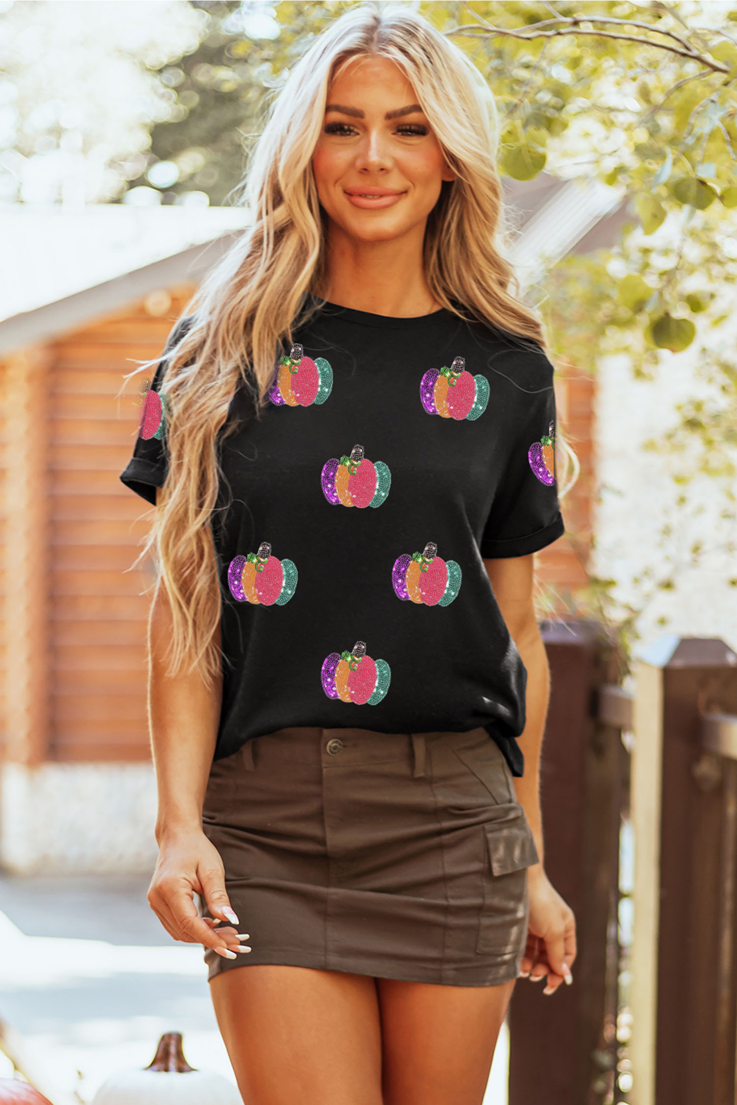 Black Short Sleeve Fall Tee, Sequin Pumpkin Graphic Casual Top - Detail View 5 Black Short Sleeve Fall Tee, Sequin Pumpkin Graphic Casual Top - Detail View 5