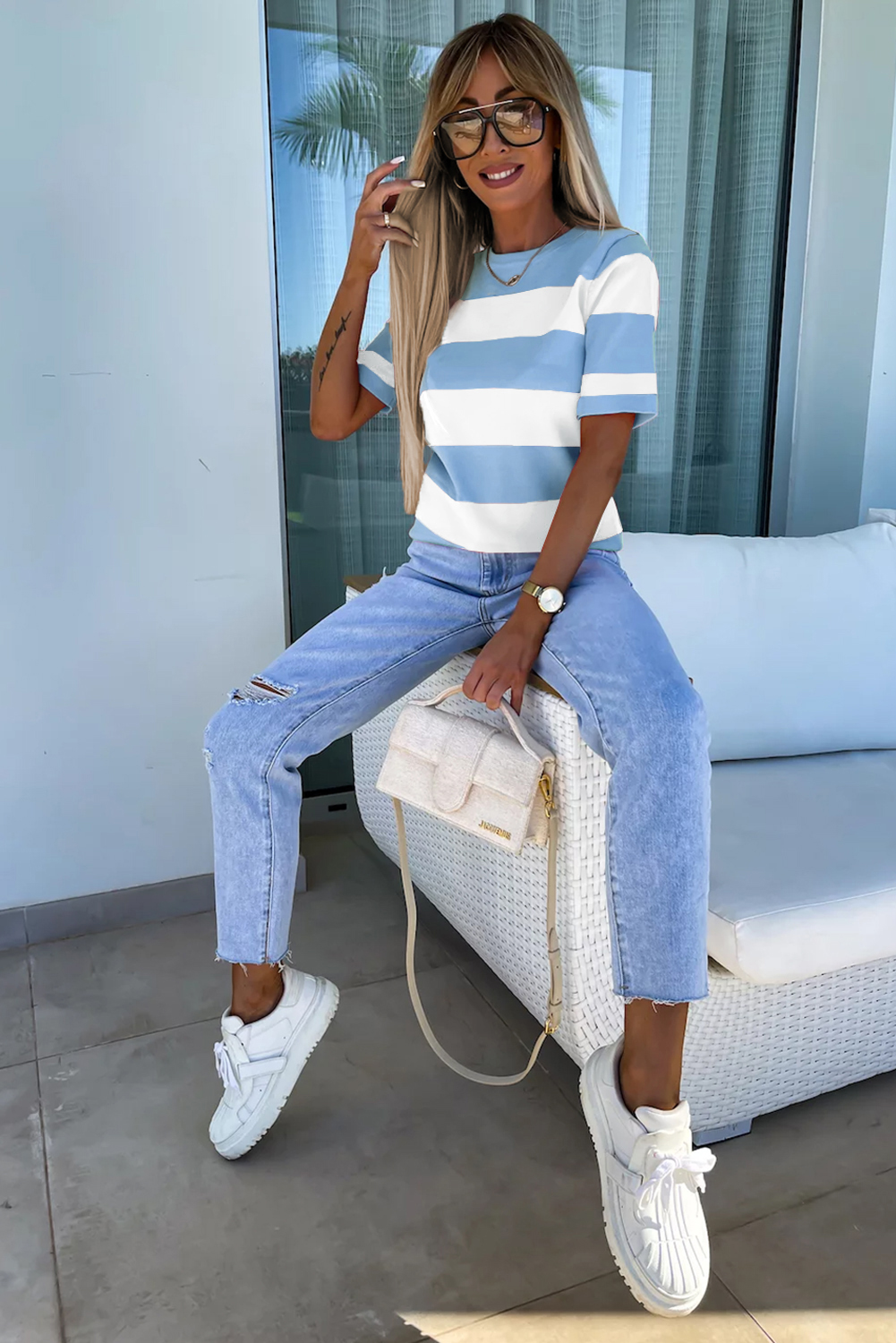 Casual Short Sleeve Sky Blue Striped T-Shirt for Women – Stylish Summer Top - Detail View 3 Casual Short Sleeve Sky Blue Striped T-Shirt for Women – Stylish Summer Top - Detail View 3