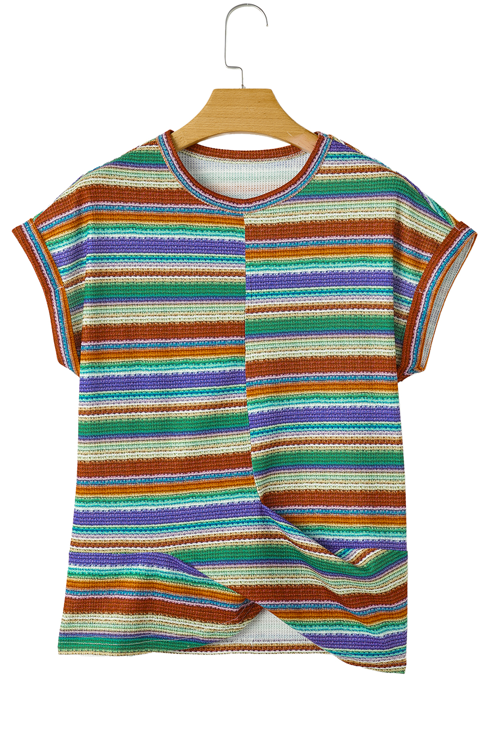 Women's Multicolor Striped Pattern Twist Hem Short Sleeve Top for Casual Wear - Detail View 13 Women's Multicolor Striped Pattern Twist Hem Short Sleeve Top for Casual Wear - Detail View 13