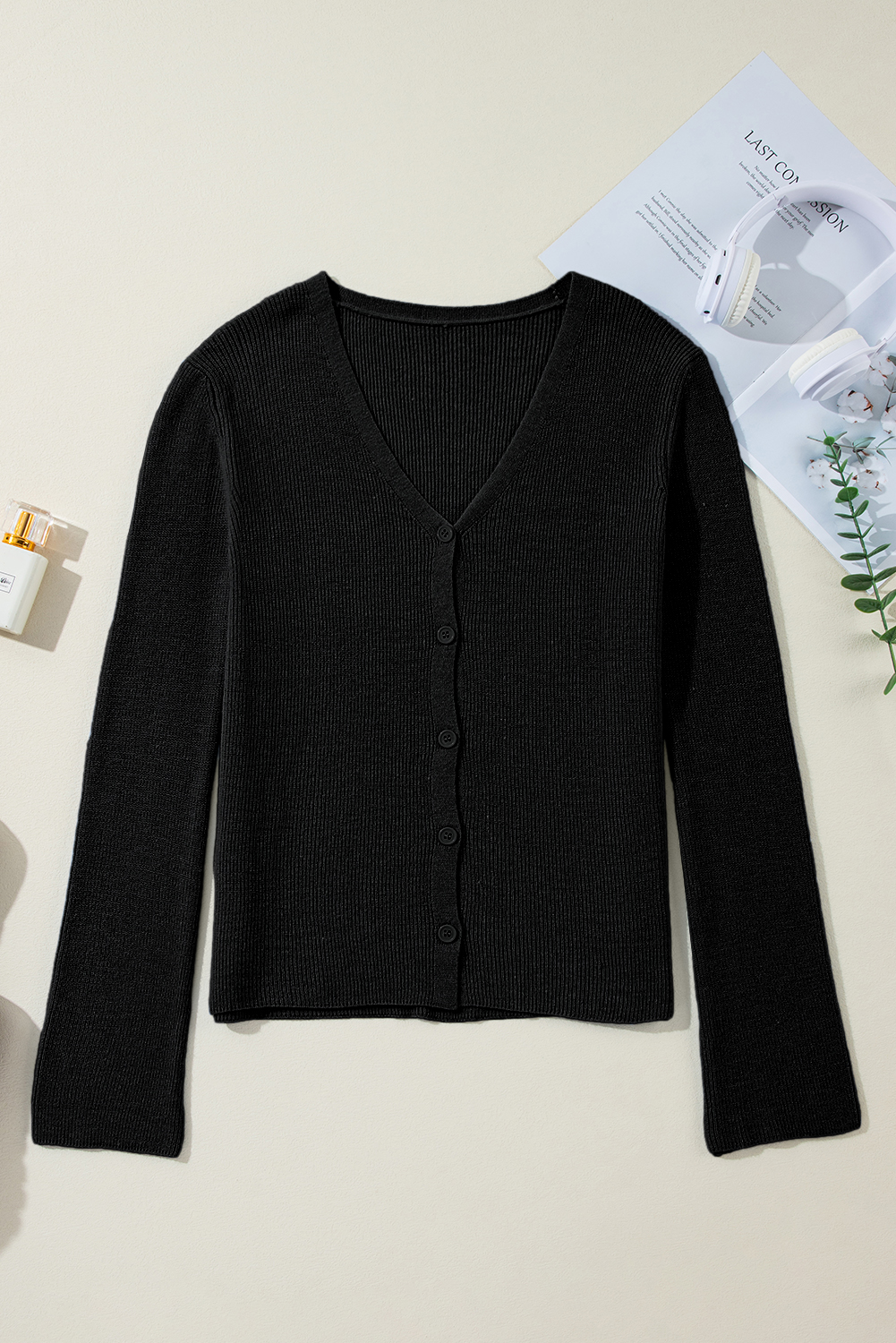 Women's Black Lightweight Ribbed Knit Button Front V Neck Cardigan for Daily Casual Wear - Detail View 9 Women's Black Lightweight Ribbed Knit Button Front V Neck Cardigan for Daily Casual Wear - Detail View 9