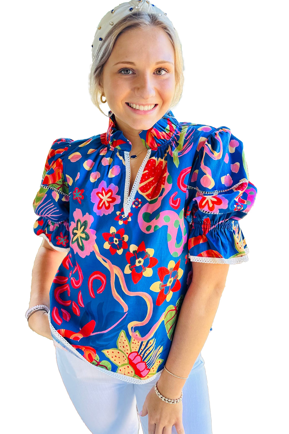 Women's Blue Abstract Print Frilled Collar Ruffled Puff Short Sleeve Top - Detail View 13 Women's Blue Abstract Print Frilled Collar Ruffled Puff Short Sleeve Top - Detail View 13